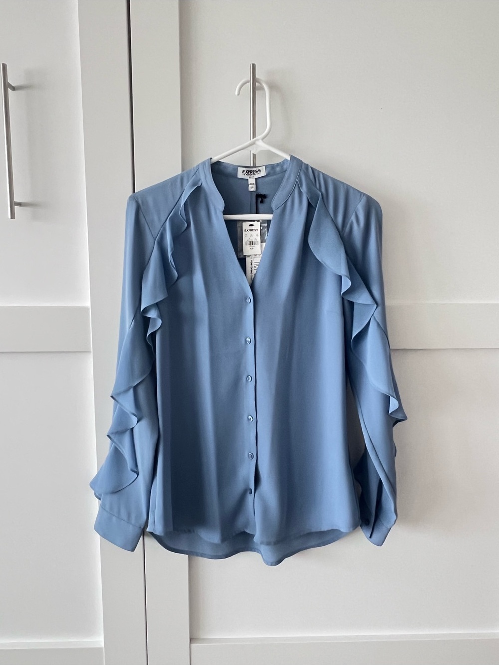 Express Light Blue Ruffle-Trim Button Front Blouse - Picture 2 of 6